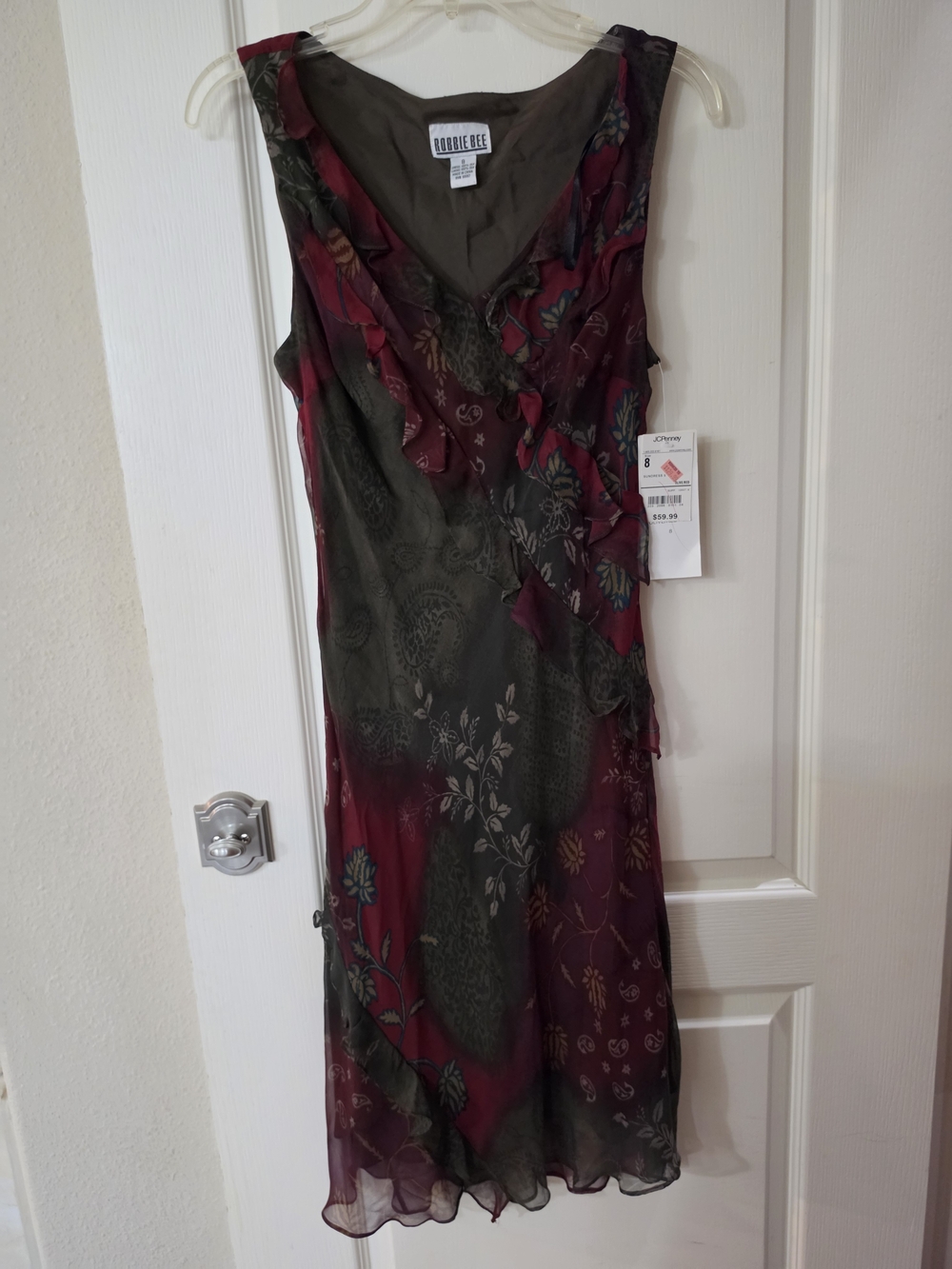 Robbie Bee Olive and Burgundy Floral Ruffle Midi Dress